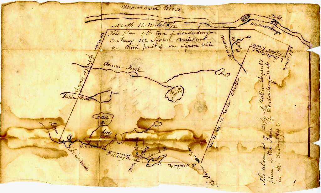 1742 Map of Nutfield depicting the early landscape of what would become Derry, showcasing areas significant to both Native Americans and European settlers.