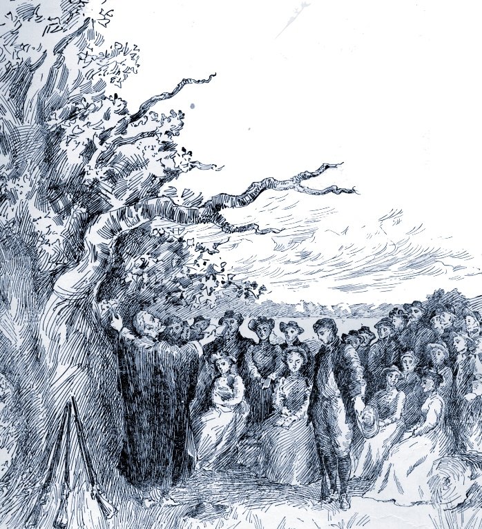 Early settlers attending the first sermon, highlighting the merging of religious faith and community in the development of Derry.